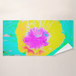 イエローポピーとホットピンクセンターターコイズ バスタオル