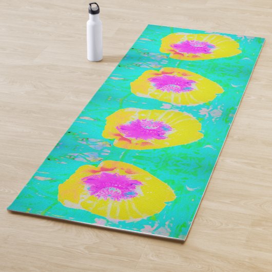 イエローポピーとホットピンクセンターターコイズ ヨガマット (インサイチュ)