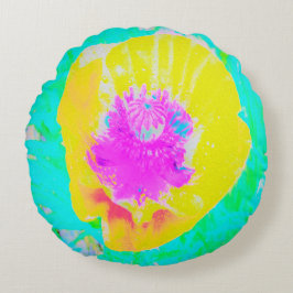 イエローポピーとホットピンクセンターターコイズ ラウンドクッション