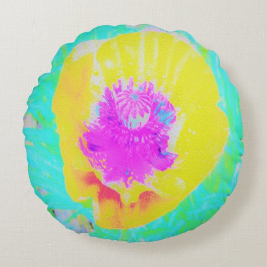 イエローポピーとホットピンクセンターターコイズ ラウンドクッション (正面)