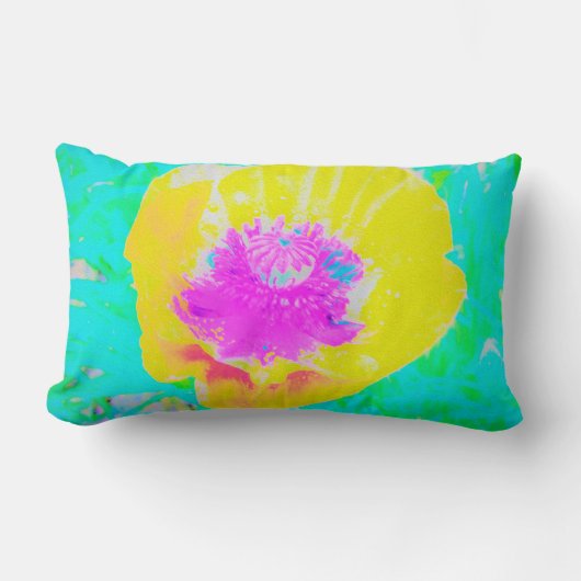 イエローポピーとホットピンクセンターターコイズ ランバークッション (正面)
