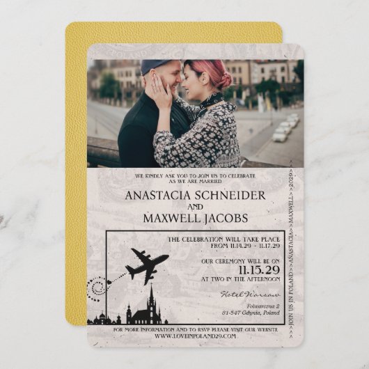 イエローポーランドパスポート結婚式招待状 招待状 (正面/裏面)