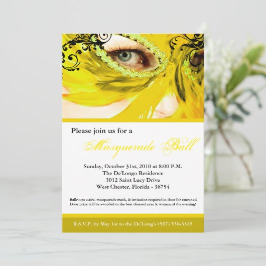 イエローマスカレードマスクボールの衣装ハロウィーン 招待状 (スタンド正面)
