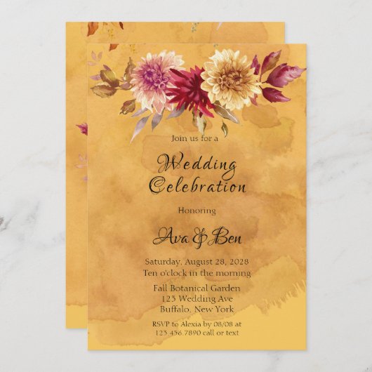 イエローマスタードウォーター色ダリア結婚花 招待状 (正面/裏面)