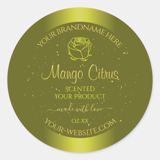 イエローマスタード製品ラベル金ゴールドグリッターフローラ ラウンドシール (正面)