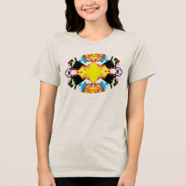 イエローマンダラデザインとブルーブラックオレンジグリーン トライブレンドTシャツ