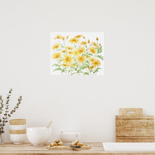 イエローマーガレットデイジーの分岐水色 ポスター (キッチン)