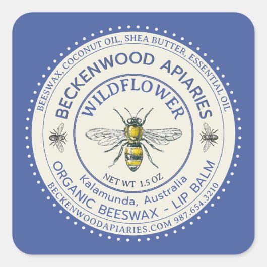 イエローミツバチLIP BALMラベルビーキーパーブルー スクエアシール (正面)