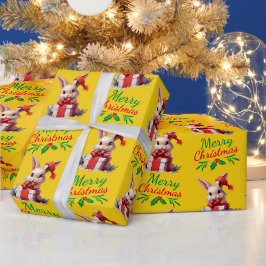 イエローメリークリスマスバニー ラッピングペーパー