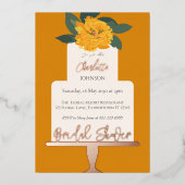 イエローモダンフローラケーキブライダルシャワー金ゴールド 箔招待状 (正面)