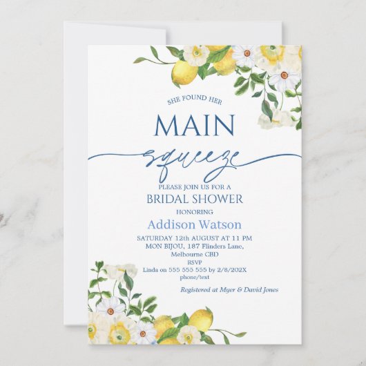 イエローモダンフローラレモンをテーマにしたブライダルシャワー 招待状 (正面)