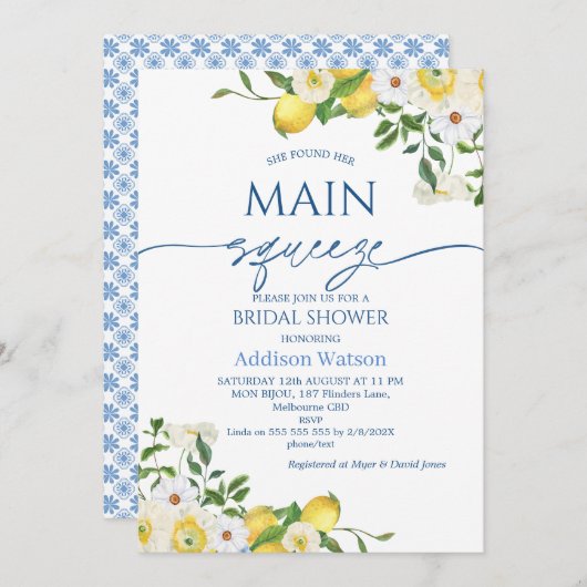 イエローモダンフローラレモンをテーマにしたブライダルシャワー 招待状 (正面/裏面)