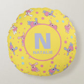 イエローモノグラムの子どものピンクと紫のバンニー ラウンドクッション (正面)