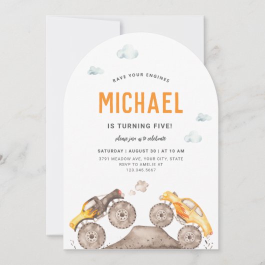 イエローモンスタートラックアーク形招待状 招待状 (正面)