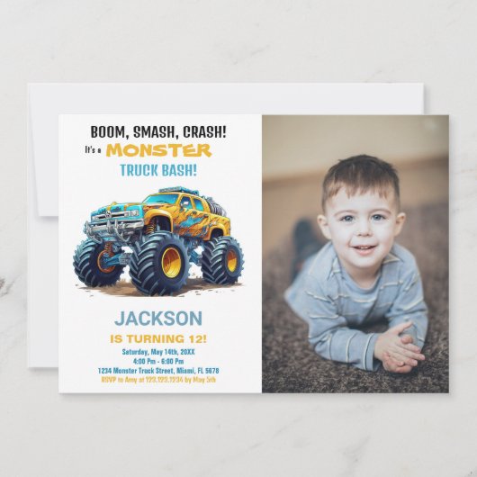 イエローモンスタートラック誕生日招待状写真 招待状 (正面)