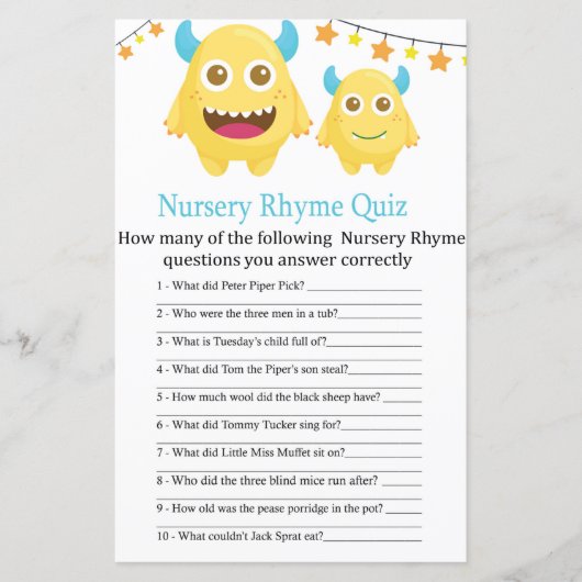 イエローモンスター子供部屋韻クイズベビーシャワーゲーム (正面)