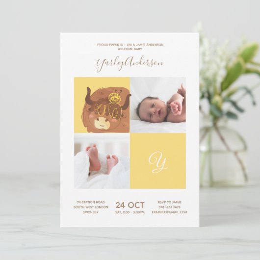 イエローヤック・アルファベットモノグラムかわいい赤ちゃんシャワー 招待状 (スタンド正面)