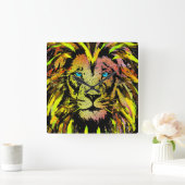 イエローライオンヘッドライオンクロック顔ポートレート  スクエア壁時計 (ホーム)