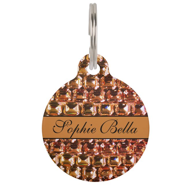 イエローラインストーン、イエローダイヤモンド、宝石 ペット　ネームタグ (正面)