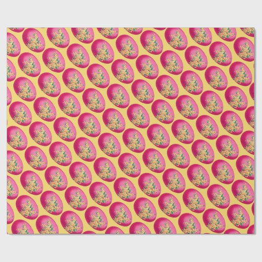 イエローラッピング紙にピンクのイースターエッグ ラッピングペーパー (フラット)