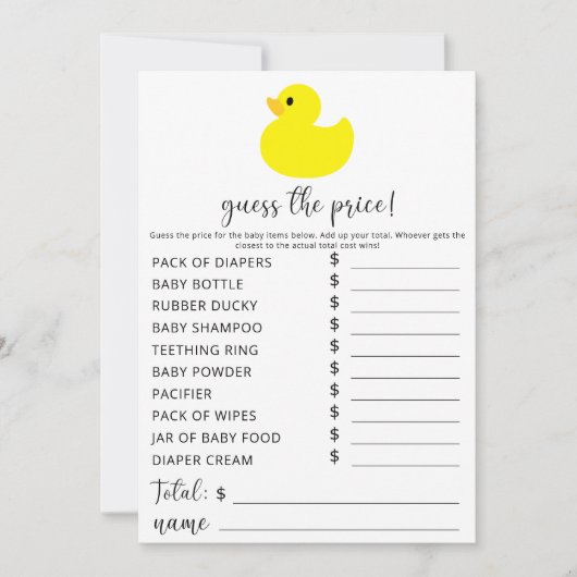 イエローラバーダック – 価格ゲームを推測 招待状 (正面)