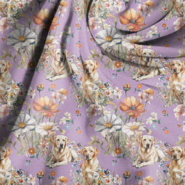 イエローラブの犬とワイルドフラワーのパターン ファブリック