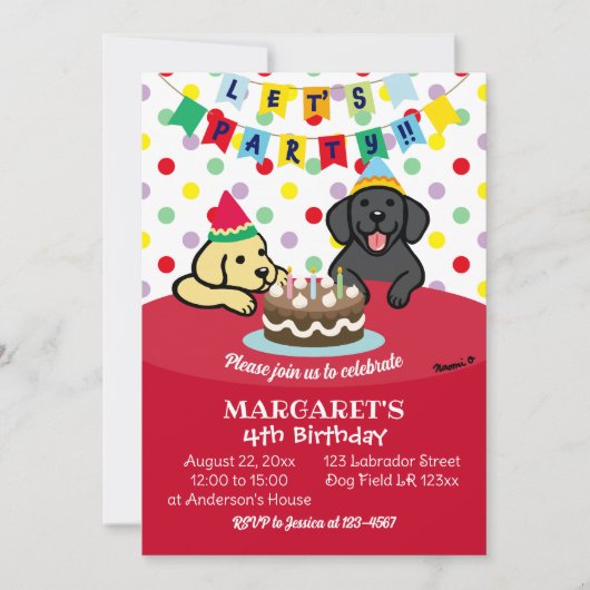 イエローラブラドールとブラックラブラドール誕生日パーティー 招待状 (正面)