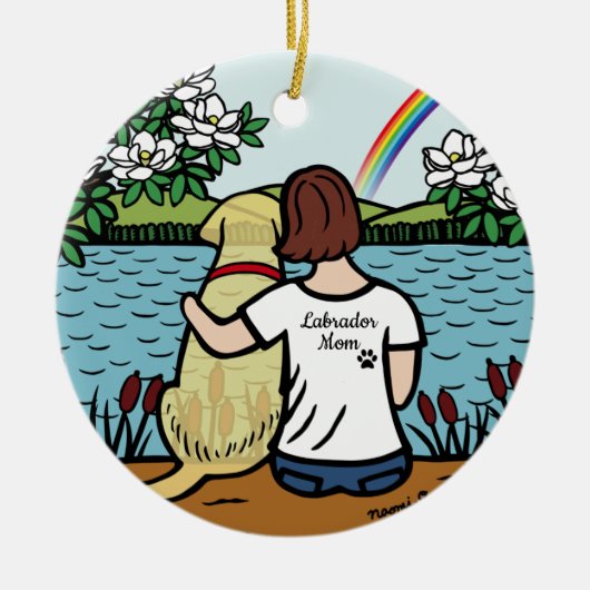 イエローラブラドールエンジェルとママママブラウン セラミックオーナメント (正面)