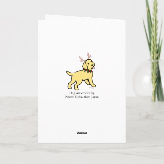 イエローラブラドールクリスマス〔雄ジカの〕枝角とオーナメント シーズンカード (裏面)