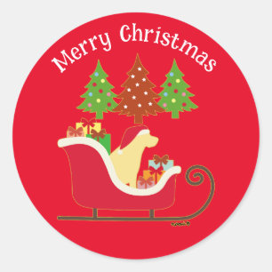 イエローラブラドールシルエットクリスマスそり赤 ラウンドシール