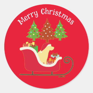 イエローラブラドールシルエットクリスマスそり赤 ラウンドシール