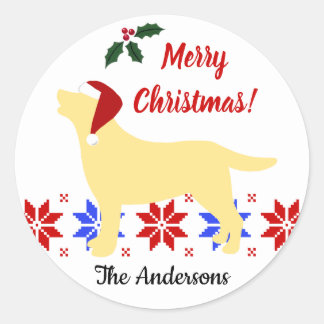 イエローラブラドールシルエットサンタクリスマス ラウンドシール