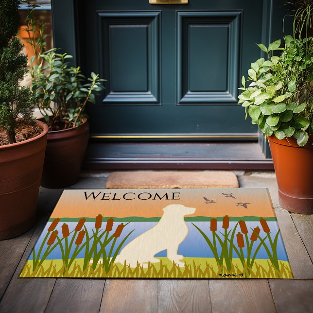 イエローラブラドールバードドッグサンセット ドアマット (Yellow Labrador Bird Dog Sunset Doormat for Labrador Owners.  Beautiful silhouette design.)