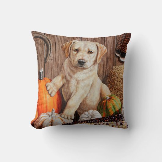 イエローラブラドールリトリエバーパピードッグパンプキン秋 クッション (正面)