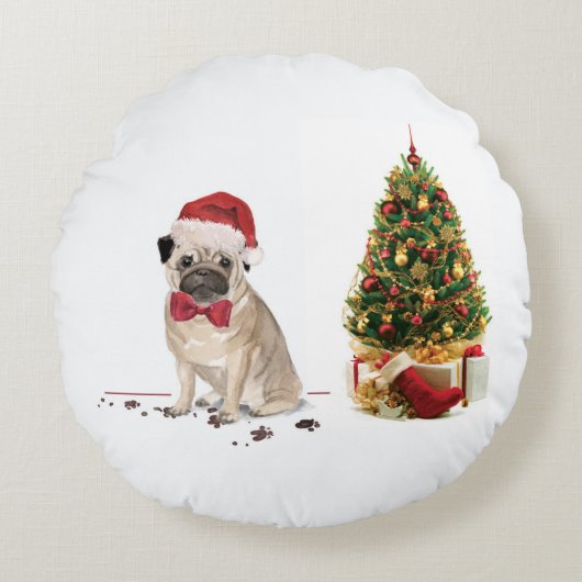 イエローラブラドールリトレおもしろいーバークリスマスドッグ ラウンドクッション (正面)
