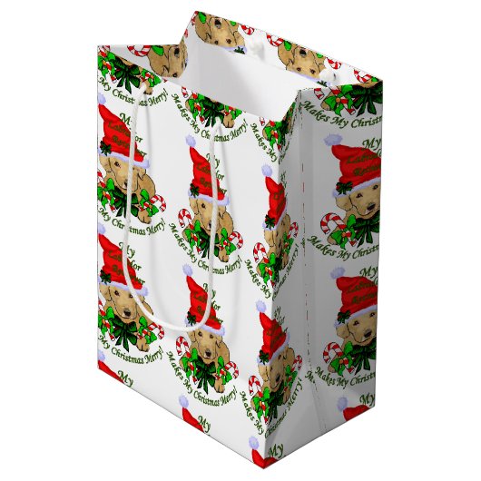 イエローラブラドールレトリーブクリスマス ミディアムペーパーバッグ (正面アングル)