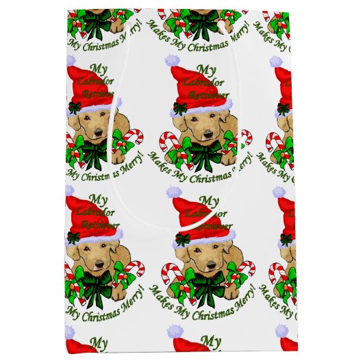 イエローラブラドールレトリーブクリスマス ミディアムペーパーバッグ (正面)