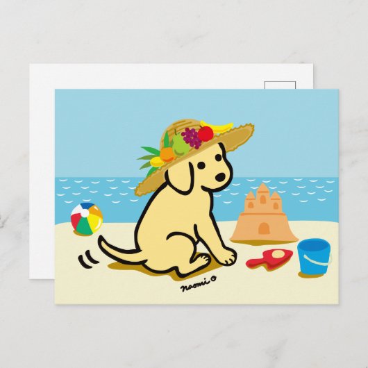 イエローラブラドール子犬わら帽子マンガ ポストカード (正面/裏面)