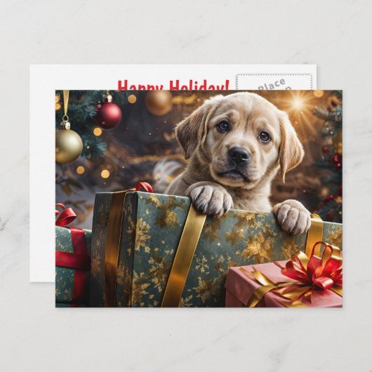 イエローラブラドール子犬クリスマスホリデー シーズンポストカード (正面/裏面)