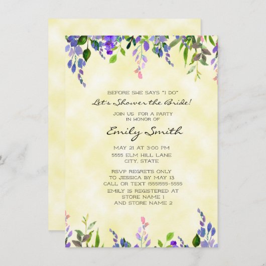 イエローラベンダーフローラブライダルシャワー 招待状 (正面/裏面)