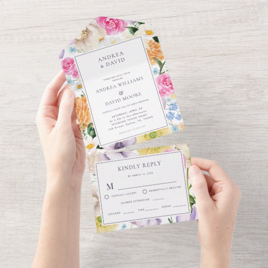 イエローラベンダーワイルドフラワーズ鮮やかフローラ結婚ズ オールインワン招待状 (貼ってはがせる)