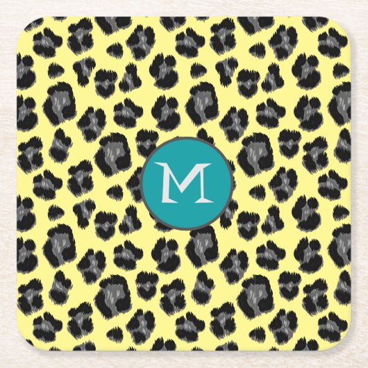 イエローレオパード印刷モノグラム スクエアペーパーコースター (正面)