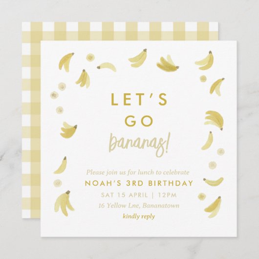 イエローレッツゴーバナナス誕生日バナナパーティーテーマ 招待状 (正面/裏面)