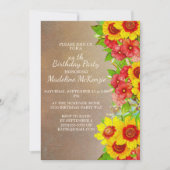 イエローレッドフラワーズブラウンバースデーパーティーへの招待 招待状 (正面)