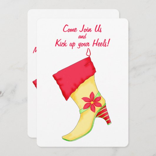 イエローレッドポインセチアストッキングクリスマスパーティー 招待状 (正面/裏面)