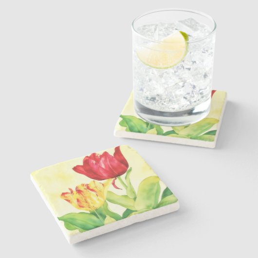 イエローレッドヴィンテージスタイルチューリップフラワーアートコースター ストーンコースター (横)