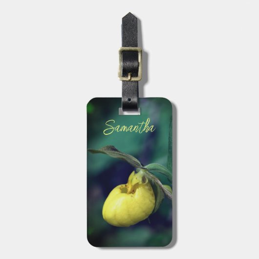 イエローレディースリッパ蘭パーソナライズされた花 ラゲッジタグ (正面縦)