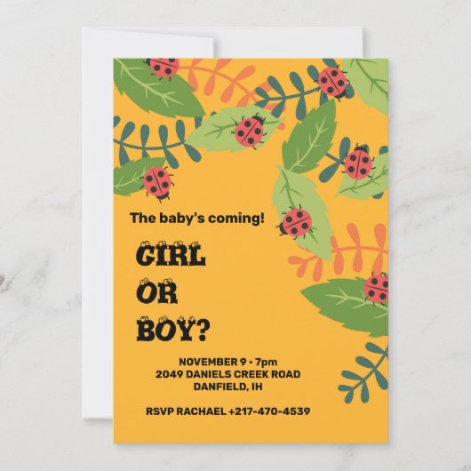 イエローレディーバグ赤ちゃんシャワー 招待状 (正面)