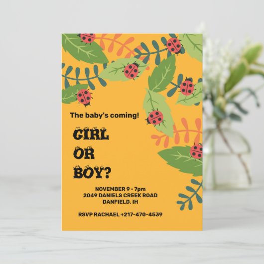 イエローレディーバグ赤ちゃんシャワー 招待状 (スタンド正面)