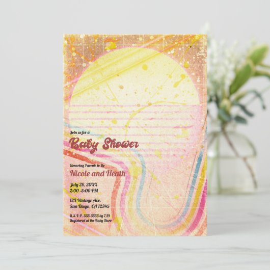 イエローレトロヴィンテージ80のテーマベビーシャワー 招待状 (スタンド正面)
